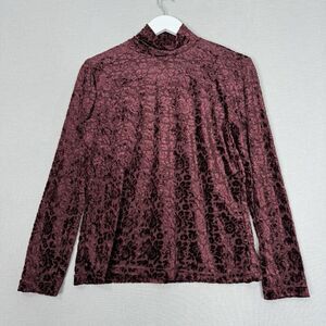 Vintage CW Womens Top Medium Burgundy Floral Velvet Burnout Mock Neck Grunge Y2K